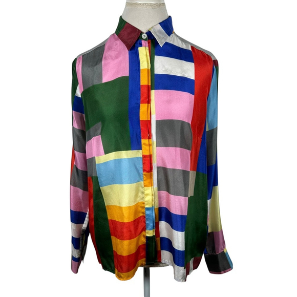 Bogner Color Block Button Blouse Horse Equestrian Back Silk Size US 12 EU 42 - Picture 3 of 13